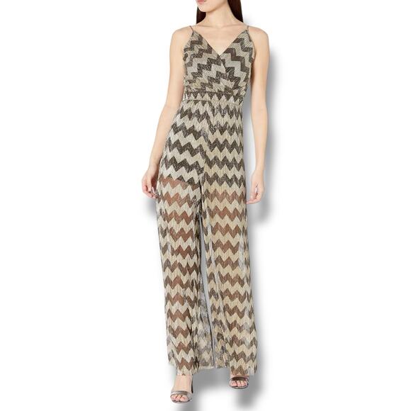 ASTR Size M Phoebe Zigzag Metallic V-Neck Wide Leg Jumpsuit Travel Packable - Picture 1 of 10